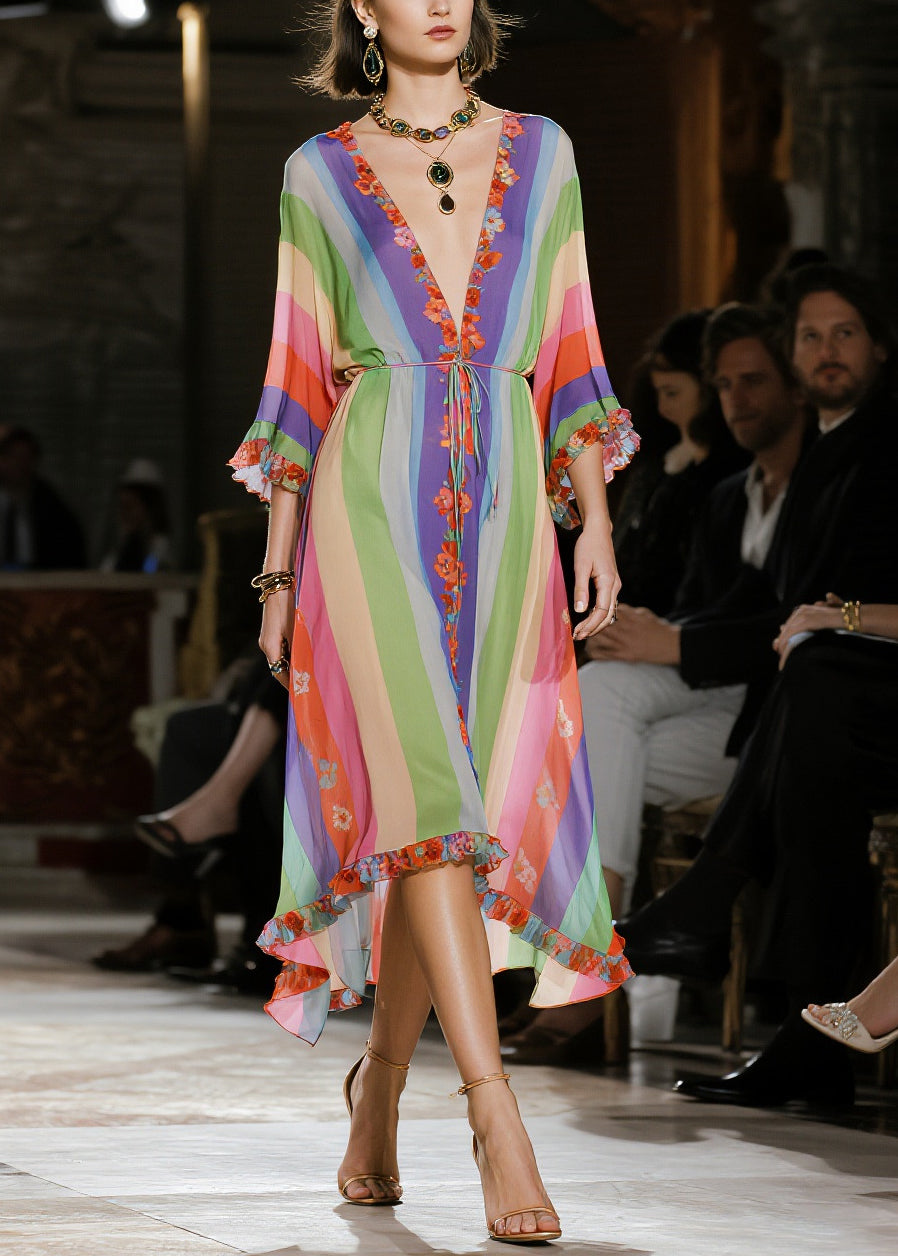 Classy Rainbow Ruffled Striped Chiffon Party Dress Summer - View 5