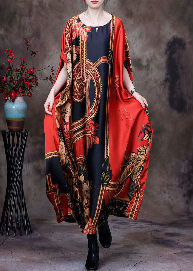Oversized Floral Print Kaftan Round Neck Batwing Sleeve Maxi Dress