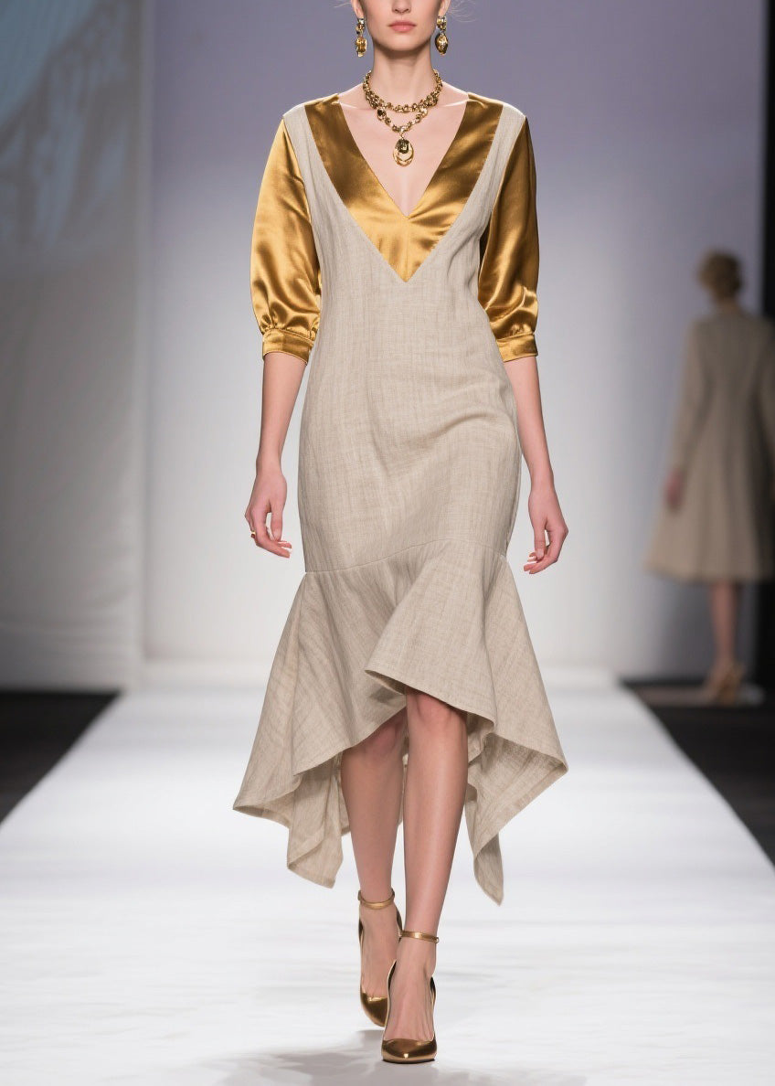 Deep V-Neck Metallic Puff Sleeve Woven Asymmetrical Midi Dress