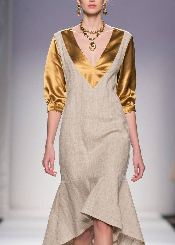 Deep V-Neck Metallic Puff Sleeve Woven Asymmetrical Midi Dress - View 2