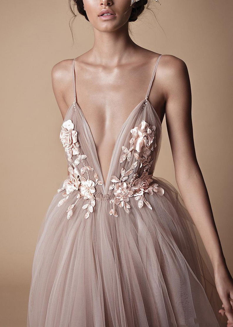 Classy V Neck Floral Tulle Spaghetti Strap Dress Summer - View 3