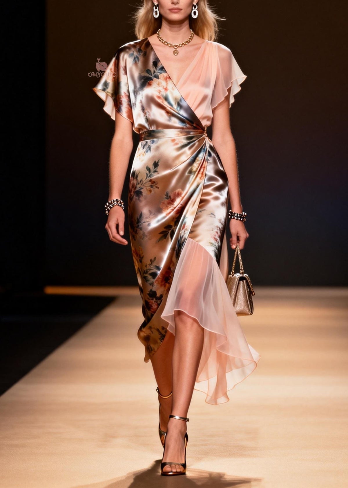 Satin Floral Wrap V-Neck Flutter Sleeve Sheer Panel Midi Dress - View 5