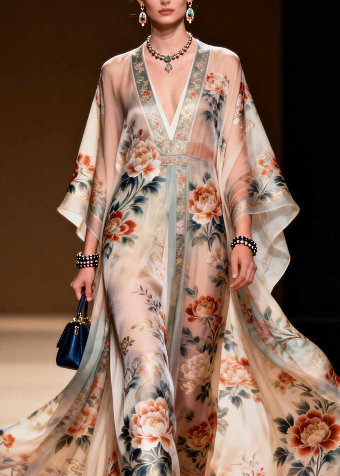Floral Print Lace Trim Deep V-Neck Cape Sleeve Kaftan Maxi Gown - View 2