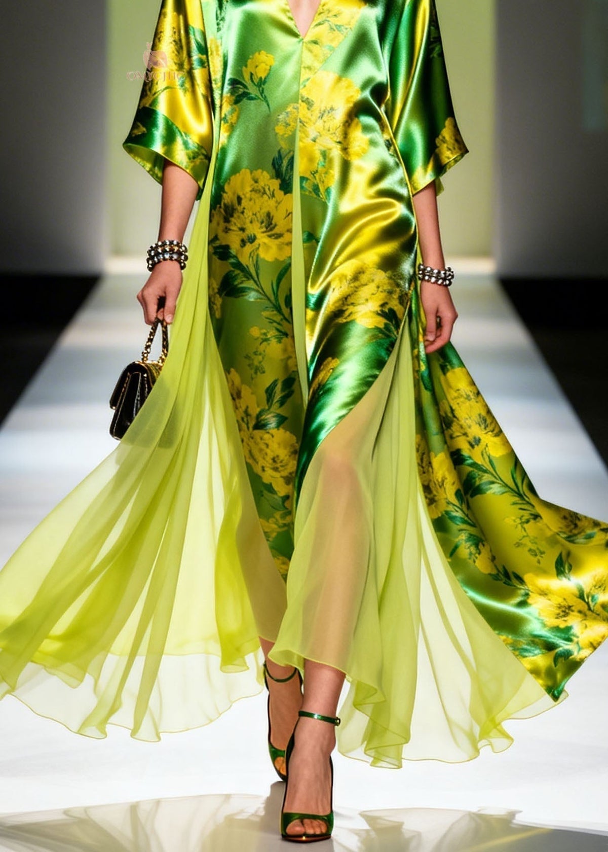 Floral Print Satin Deep V-Neck Wide Sleeve High Split Maxi Gown - View 4