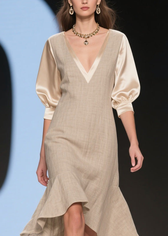 Deep V-Neck Puff Sleeve Woven Bodycon Asymmetrical Midi Dress - View 2