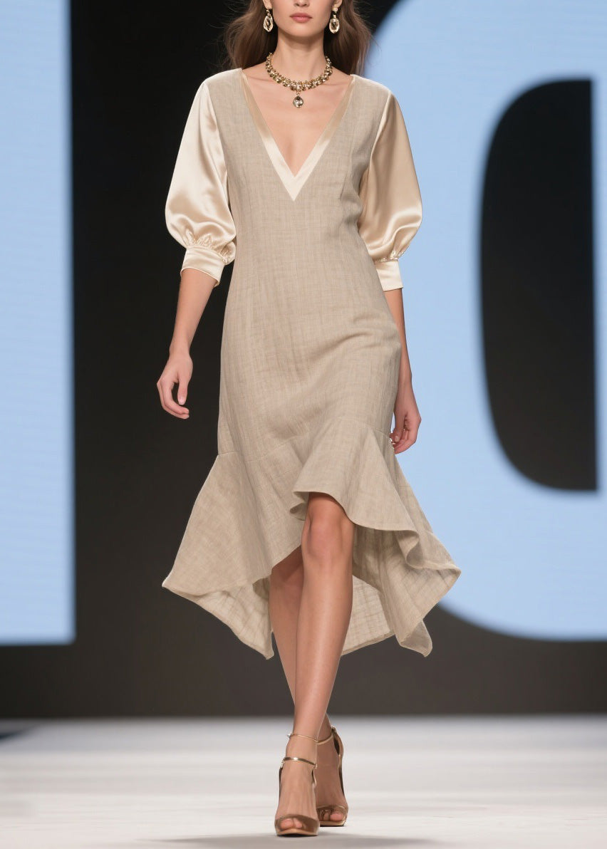 Deep V-Neck Puff Sleeve Woven Bodycon Asymmetrical Midi Dress - View 3