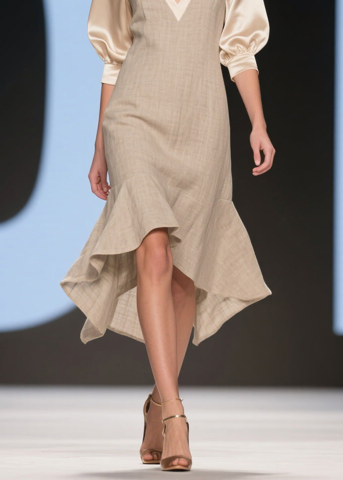Deep V-Neck Puff Sleeve Woven Bodycon Asymmetrical Midi Dress - View 4
