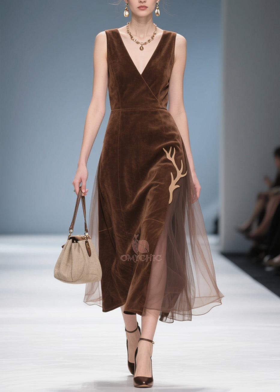 Deep V-Neck Wrap Sleeveless Velvet Antler Applique Midi Dress - View 5