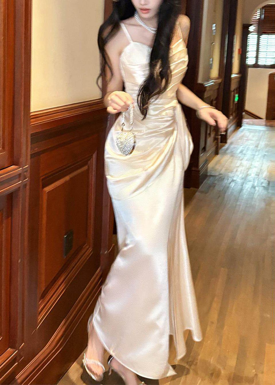Classy White Cinched Satin Maxi Spaghetti Strap Dress Summer - View 5