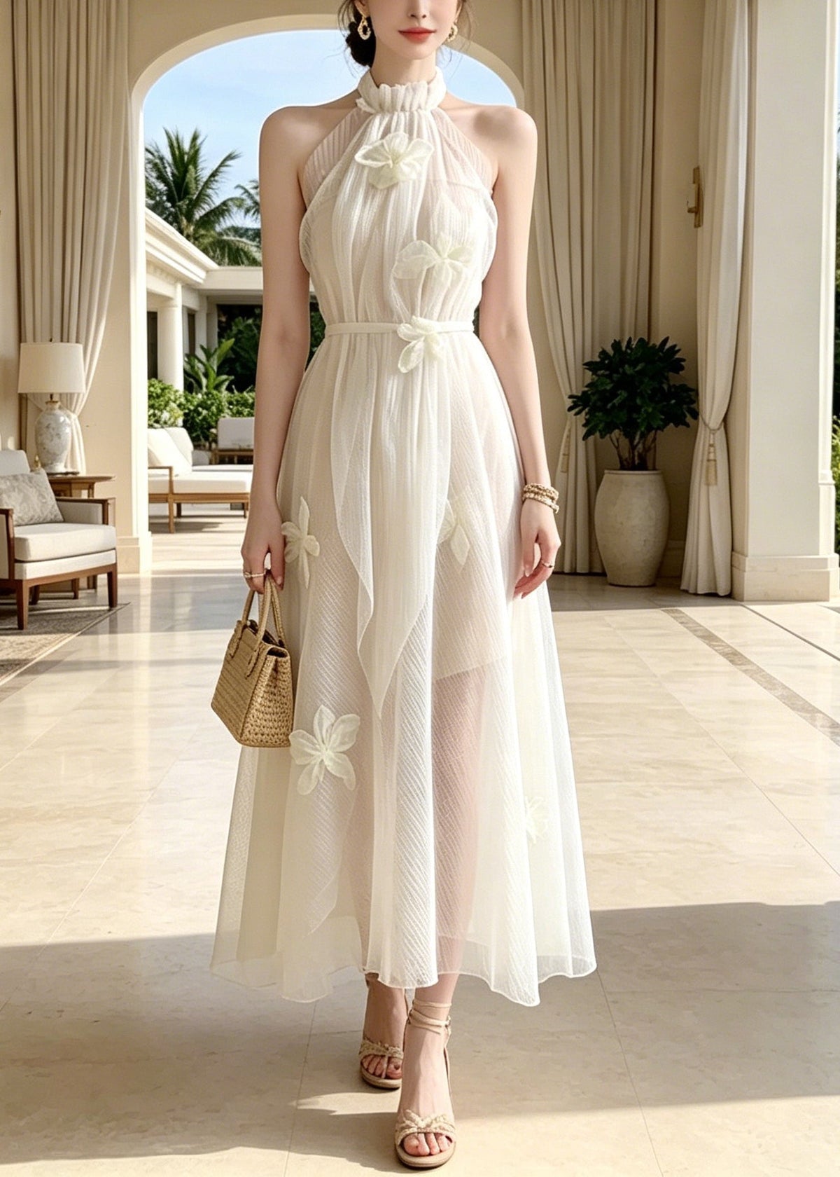 Tulle Halter Neck Ruffle 3D Floral A-Line Maxi Dress - View 5