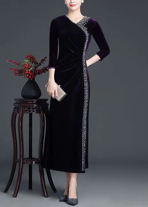 Velvet V-Neck Three Quarter Sleeve Rhinestone Trim Maxi Gown - View 2