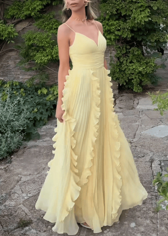 Classy Yellow V Neck Ruffled High Waist Chiffon Dress - View 3