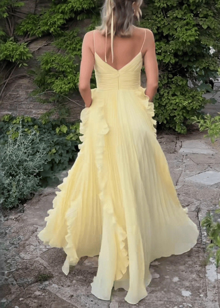 Classy Yellow V Neck Ruffled High Waist Chiffon Dress - View 5