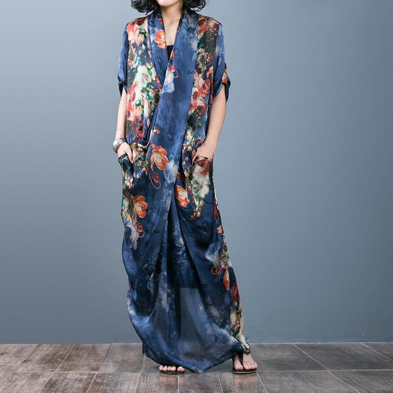 Floral Print Wrap V-Neck Patch Pocket Oversized Maxi Dress