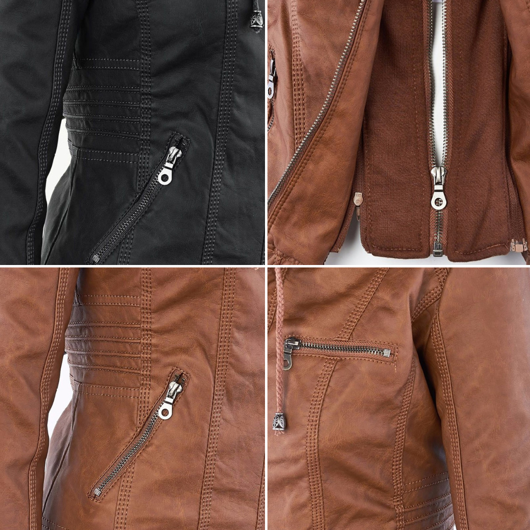 Faux Leather Removable Hood Zip Front Moto Jacket 14