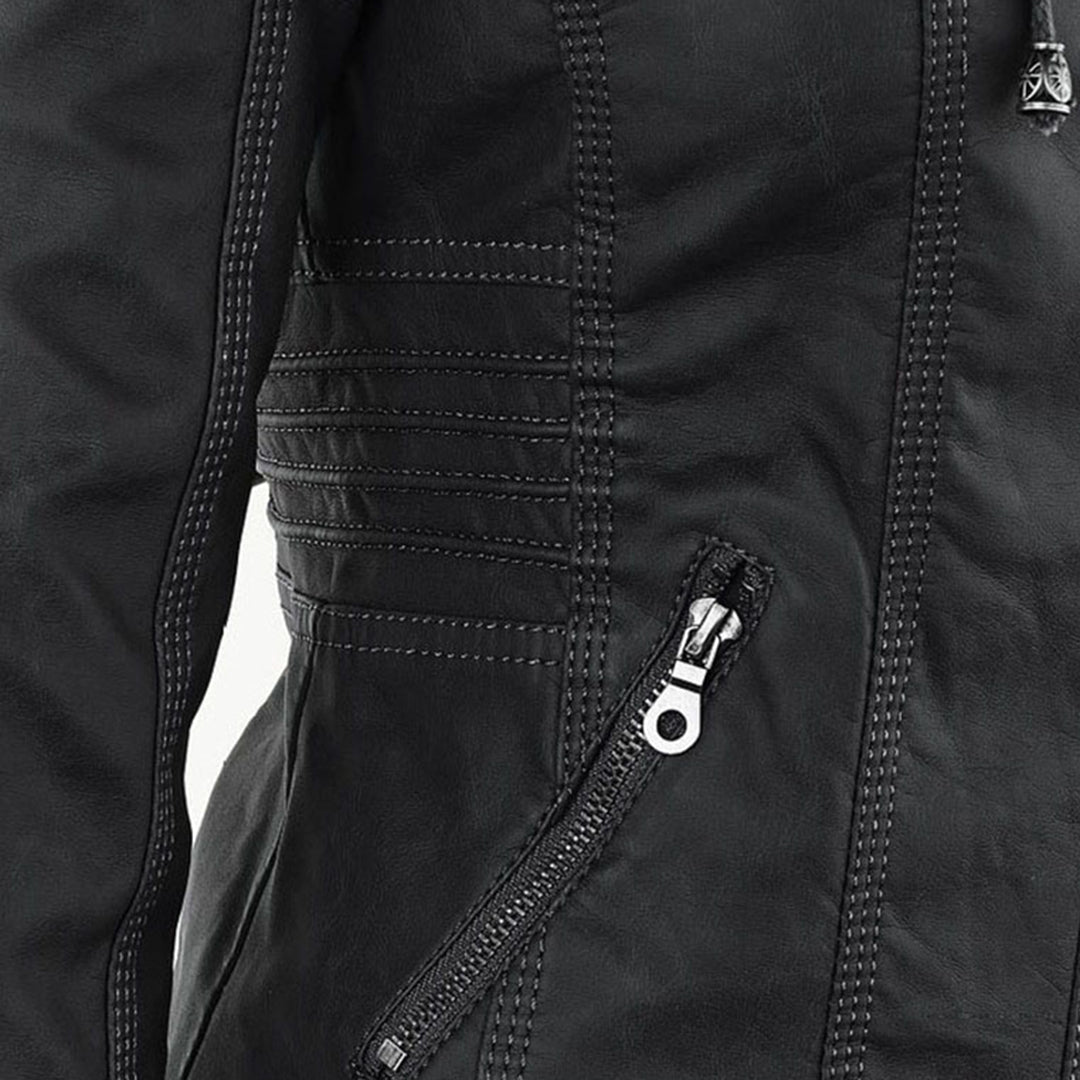 Faux Leather Removable Hood Zip Front Moto Jacket 10