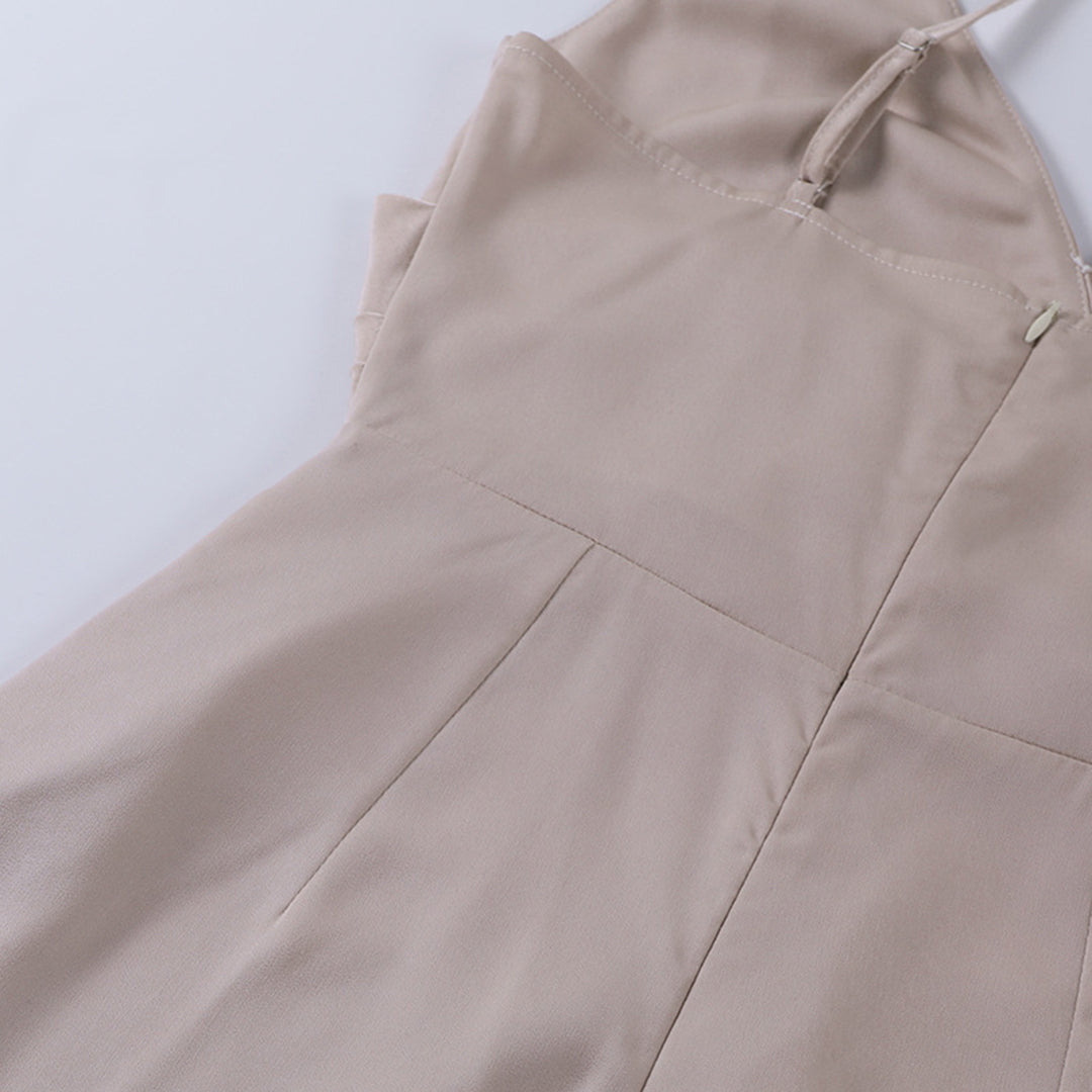 Satin Spaghetti Strap Surplice Deep V-Neck Ruched High Split Maxi Gown - View 15