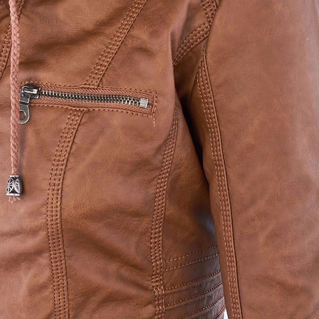 Faux Leather Removable Hood Zip Front Moto Jacket 5