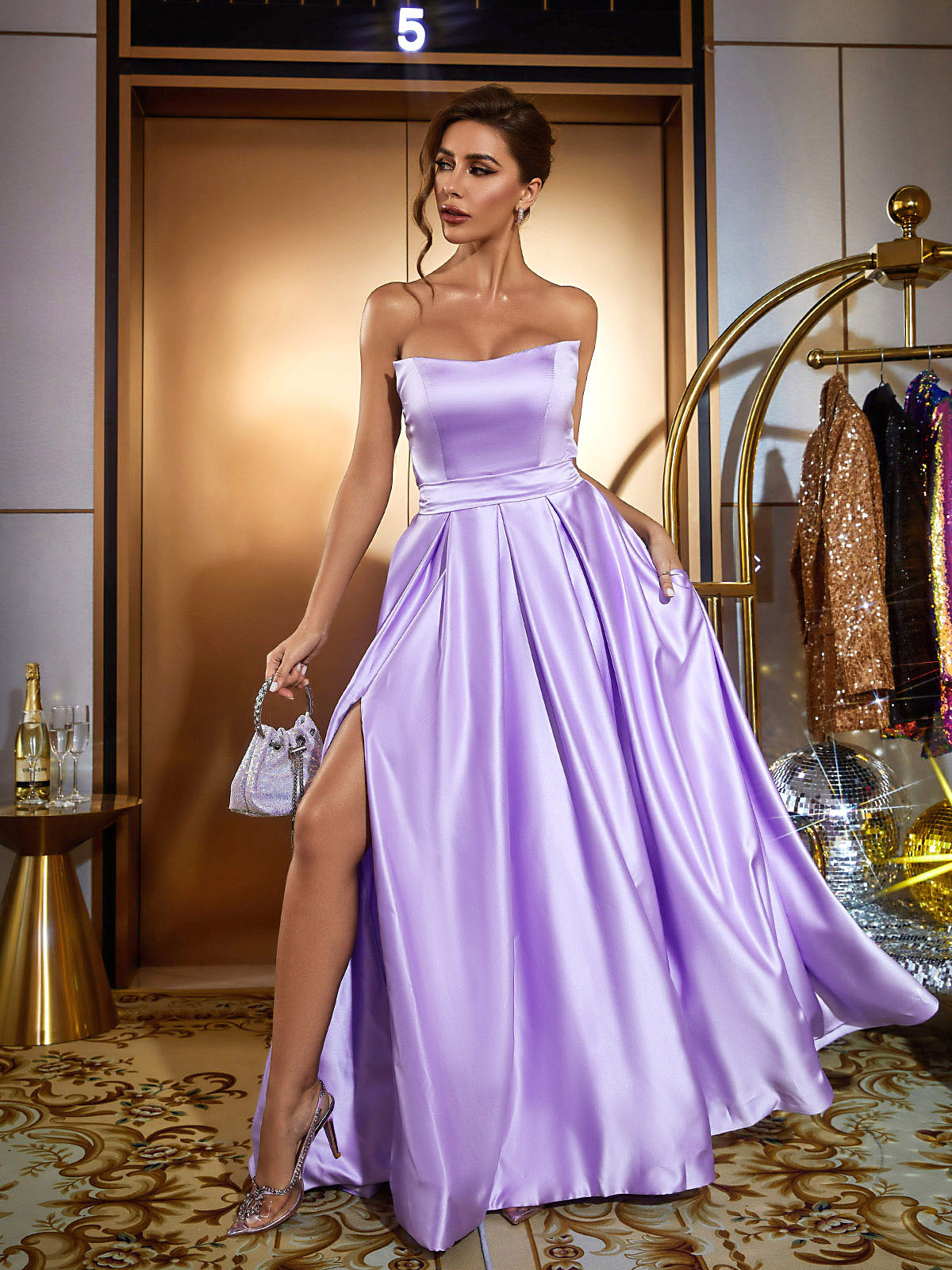 Coen Satin Strapless Maxi Dress In Purple - View 3
