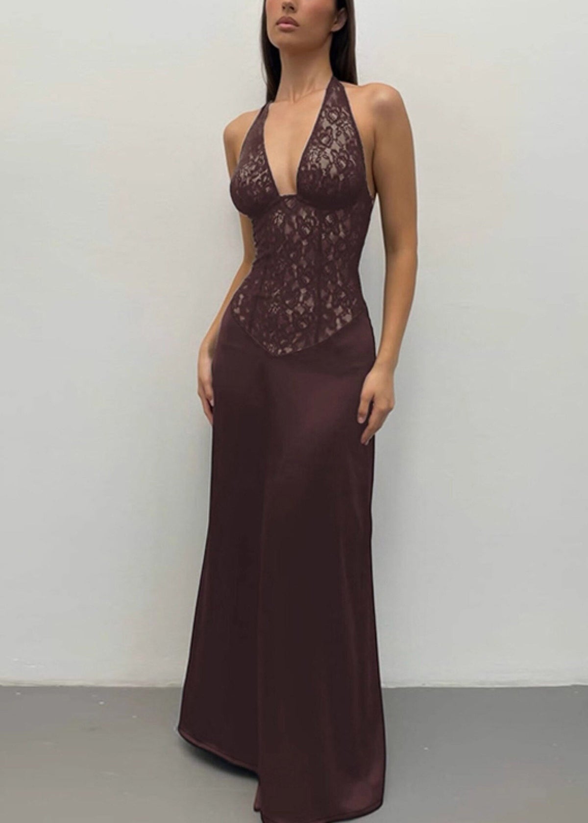 Halter Neck Deep V-Neck Floral Lace Corset Bodice Sleeveless Maxi Gown - View 3