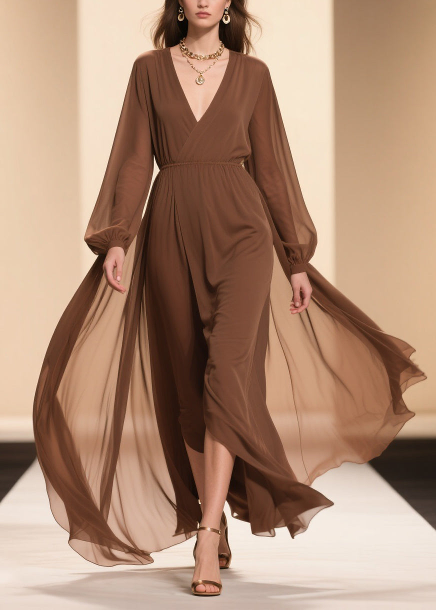 Coffee Wrinkled Solid Chiffon Maxi Dresses V Neck - View 3