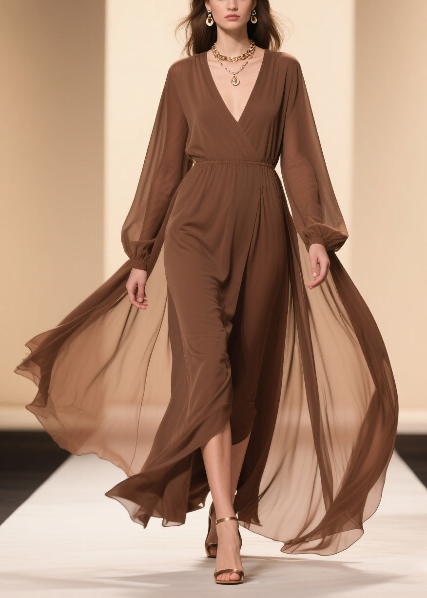 Coffee Wrinkled Solid Chiffon Maxi Dresses V Neck - View 5