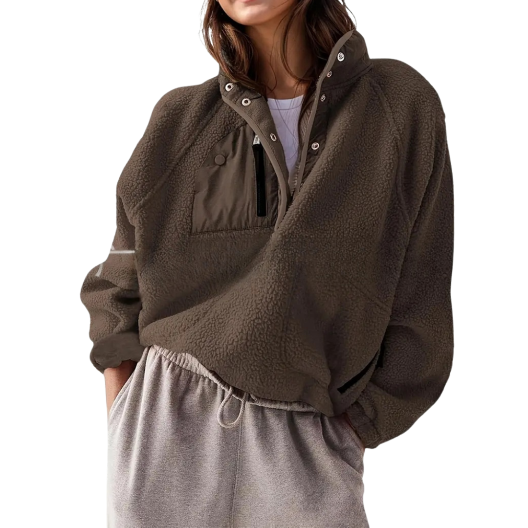 Stand Collar Snap Button Zip Pocket Oversized Sherpa Fleece Pullover