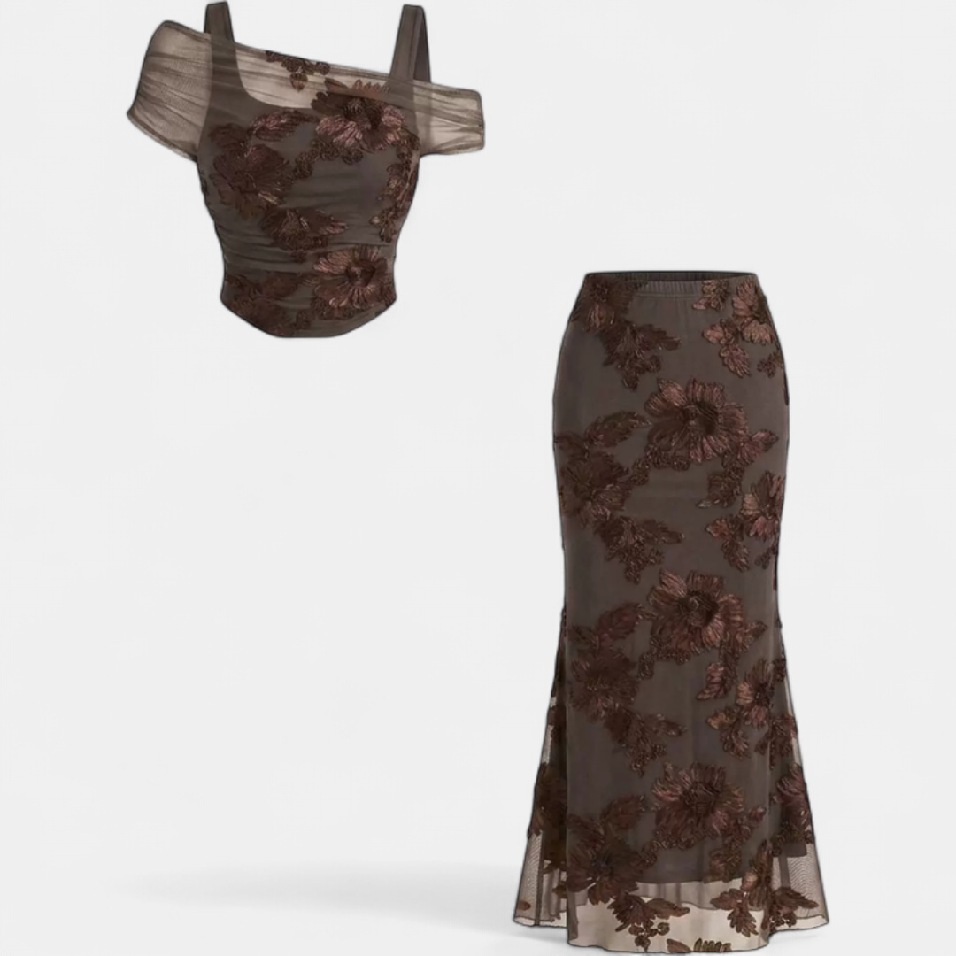 Floral Embroidered Mesh Corset Top and Mermaid Maxi Skirt Two Piece Set