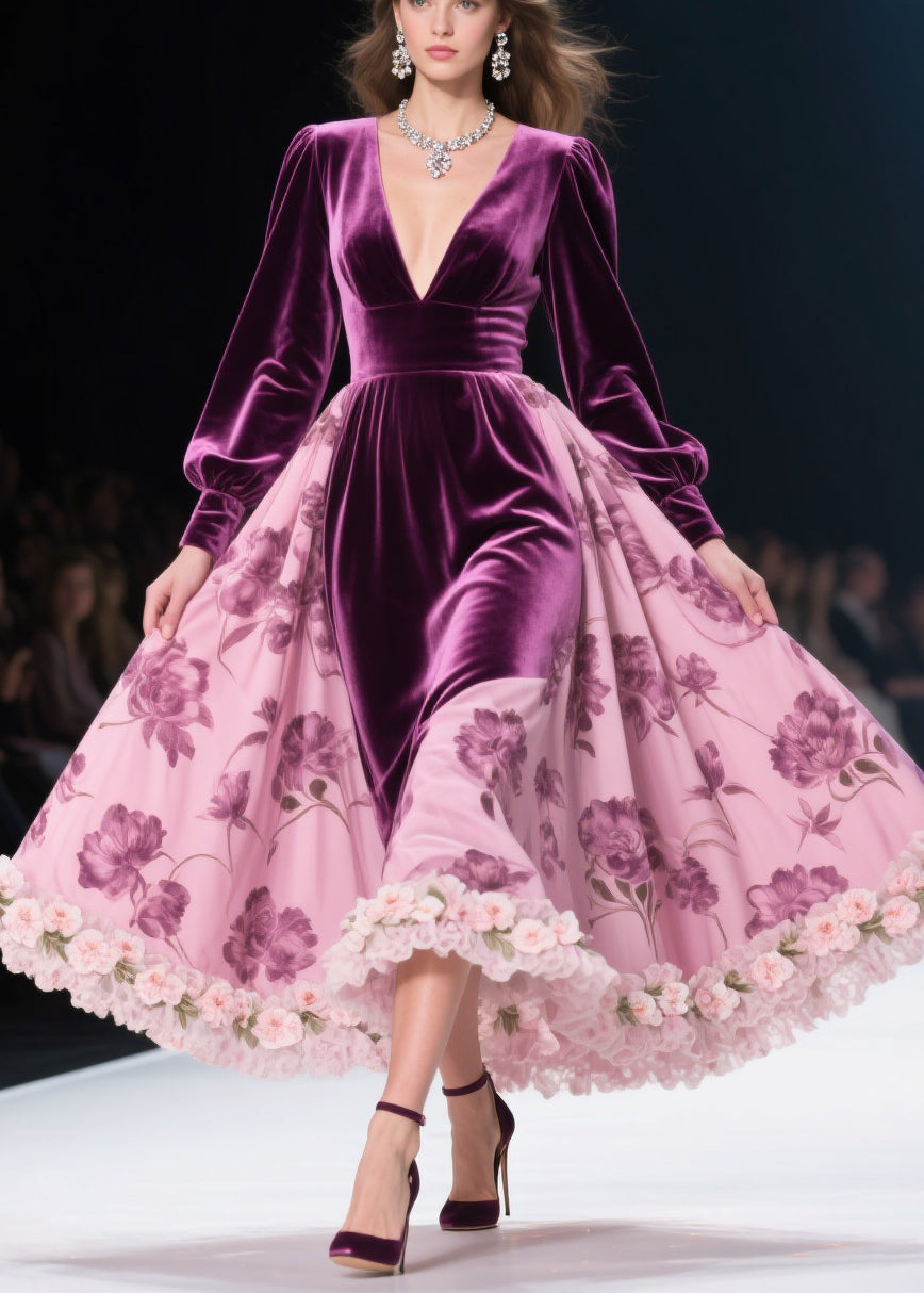 Velvet Floral Print Deep V-Neck Bishop Sleeve Rosette Midi Dress - View 3
