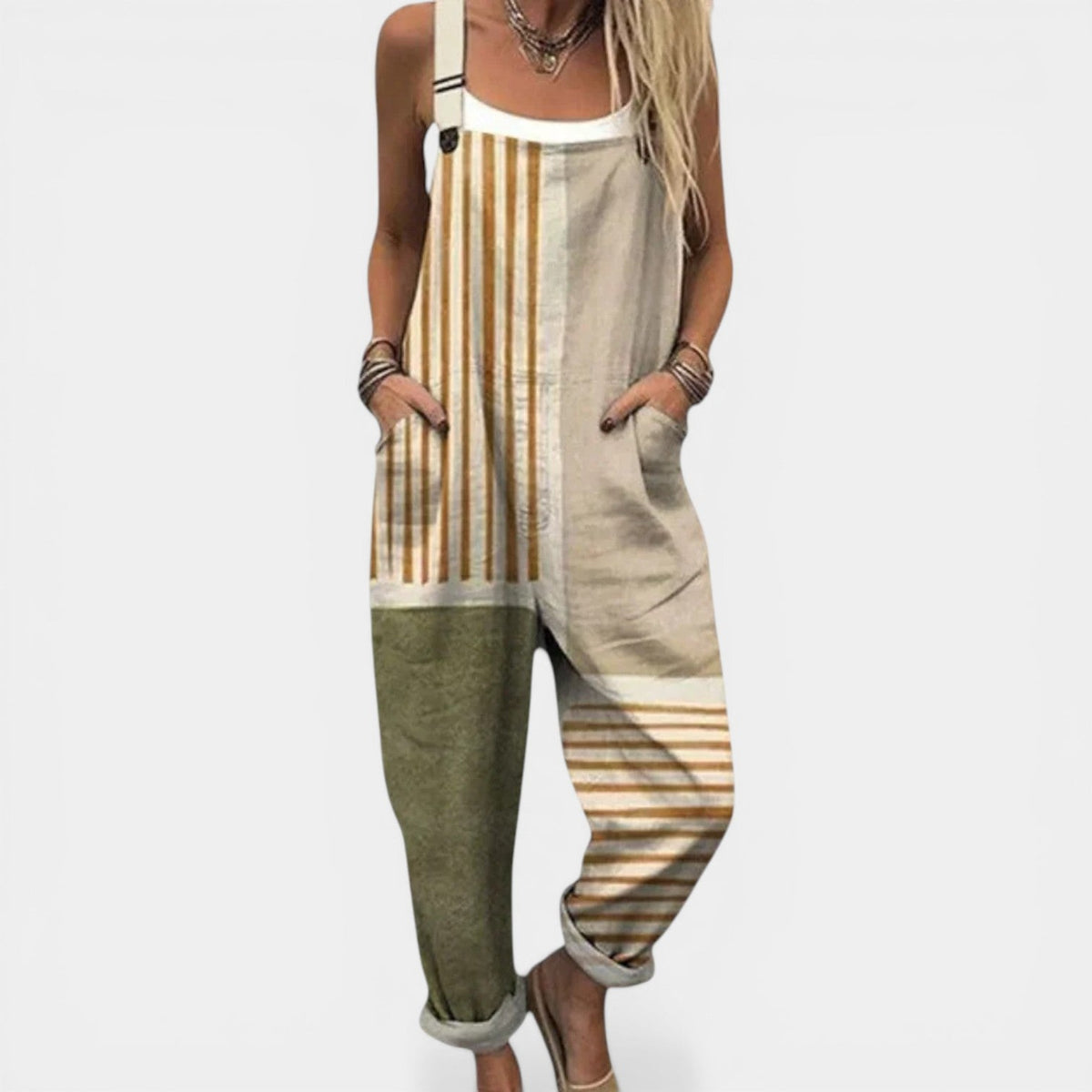 Striped Patchwork Sleeveless Pocket Overall Jumpsuit
