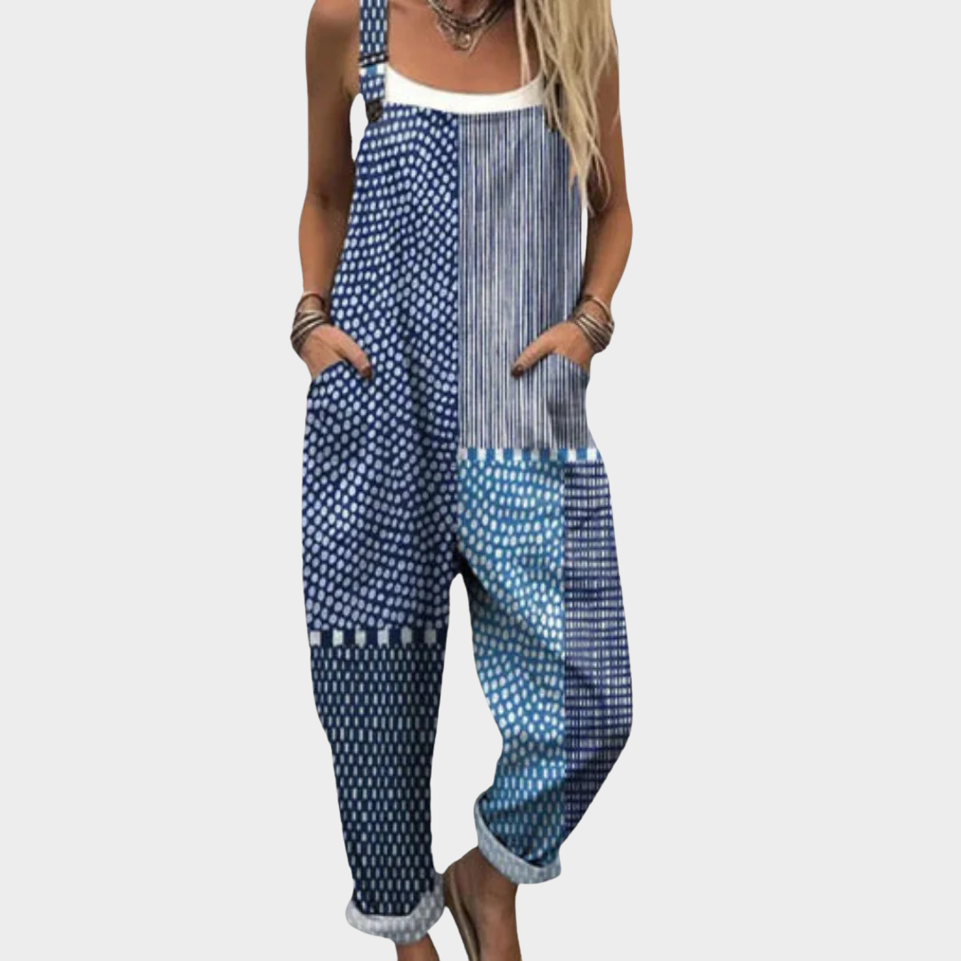 Patchwork Print Sleeveless Wide Leg Overall Jumpsuit