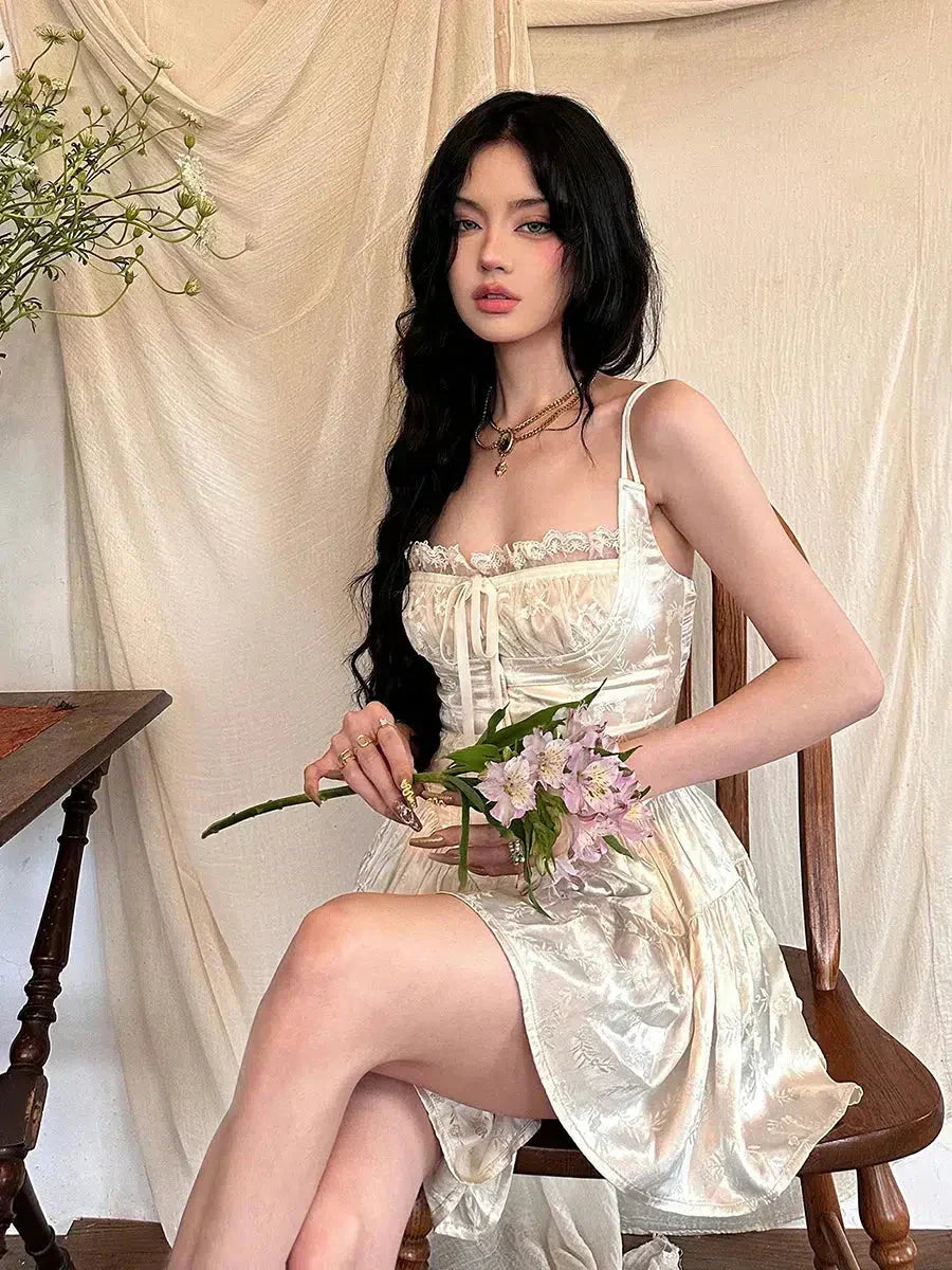 Satin Spaghetti Strap Corset Lace Up Tiered Mini Dress - View 6
