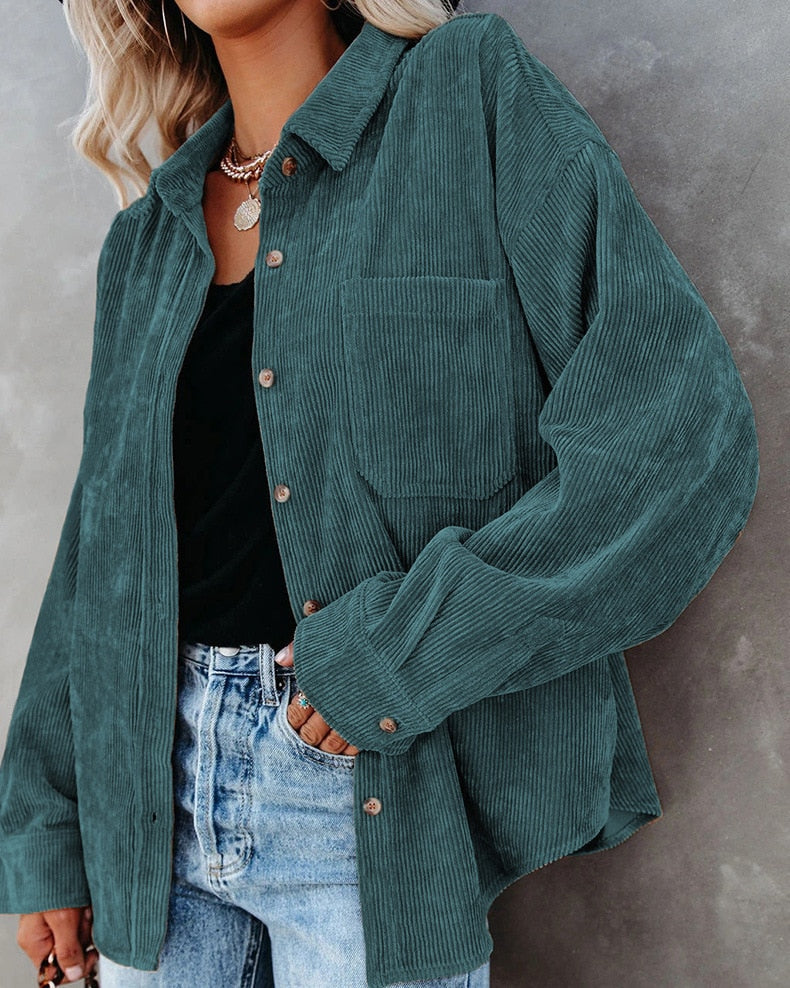 Corduroy Button Front Chest Pocket Long Sleeve Shirt Jacket 6