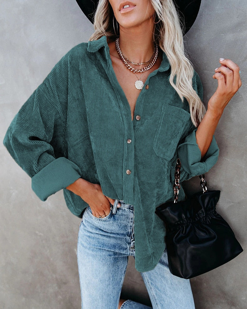 Corduroy Button Front Chest Pocket Long Sleeve Shirt Jacket 10