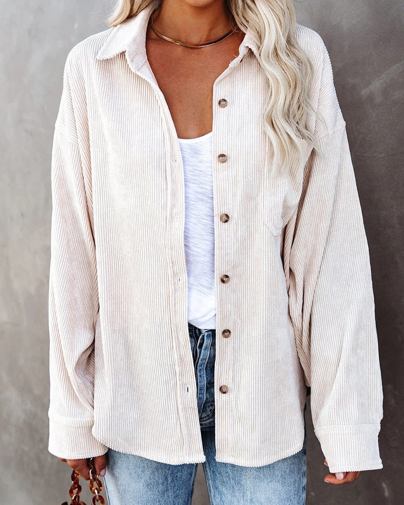 Corduroy Button Front Chest Pocket Long Sleeve Shirt Jacket 9