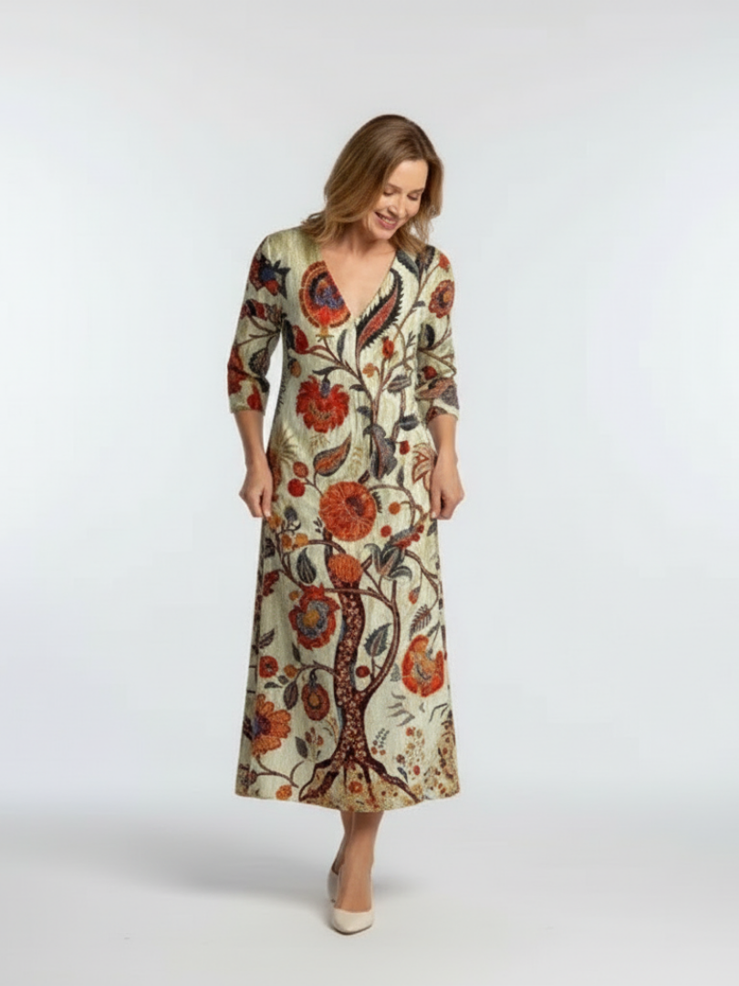Floral Print V-Neck Three Quarter Sleeve Maxi Dress 2