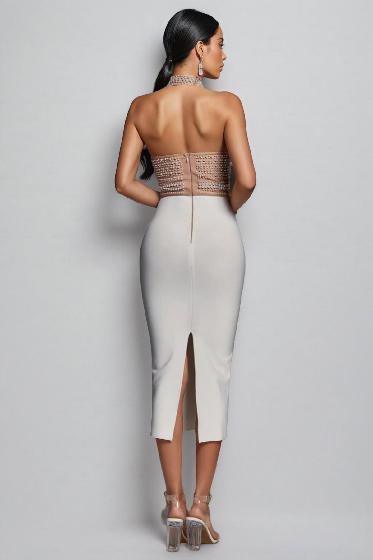 Pearl Beaded Halter Neck Bandage Midi Dress - View 3