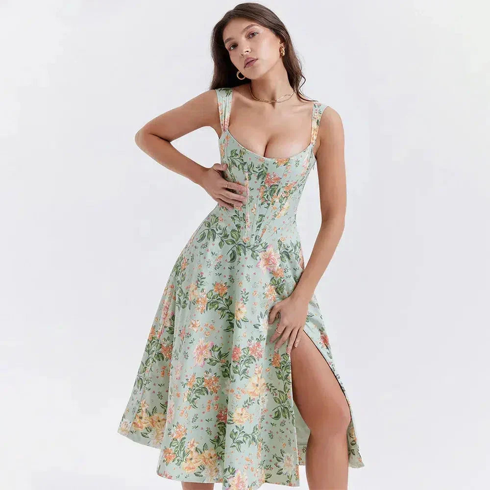 Floral Square Neck Corset High Split A-Line Midi Dress - View 3
