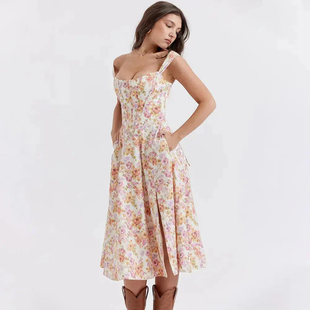 Floral Square Neck Corset High Split A-Line Midi Dress - View 4
