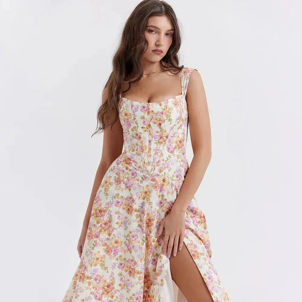 Floral Square Neck Corset High Split A-Line Midi Dress - View 6