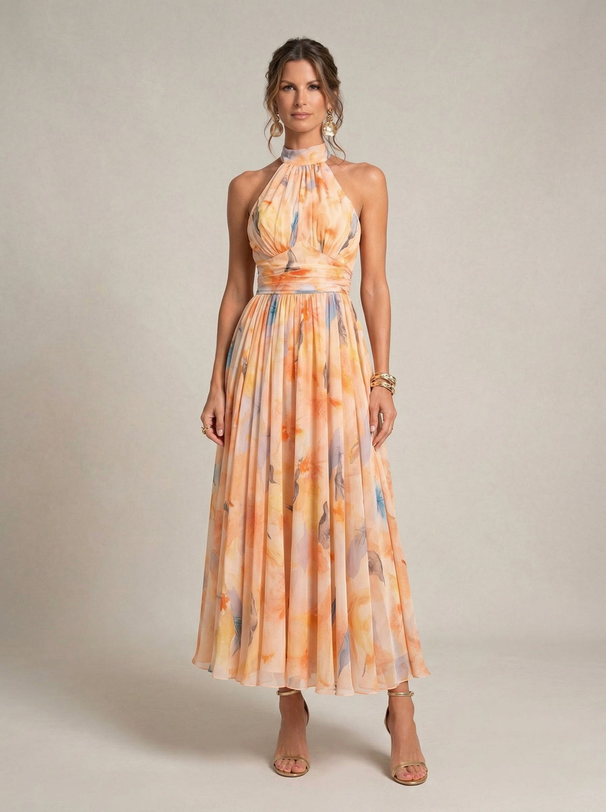Floral Print Halter Neck Ruched Waist Chiffon Maxi Gown 3