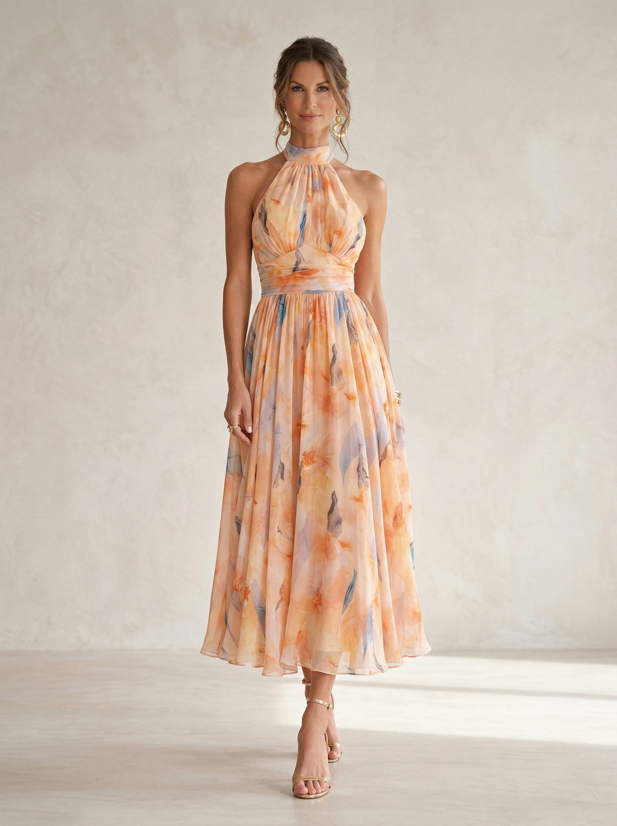 Floral Print Halter Neck Ruched Waist Chiffon Maxi Gown 2