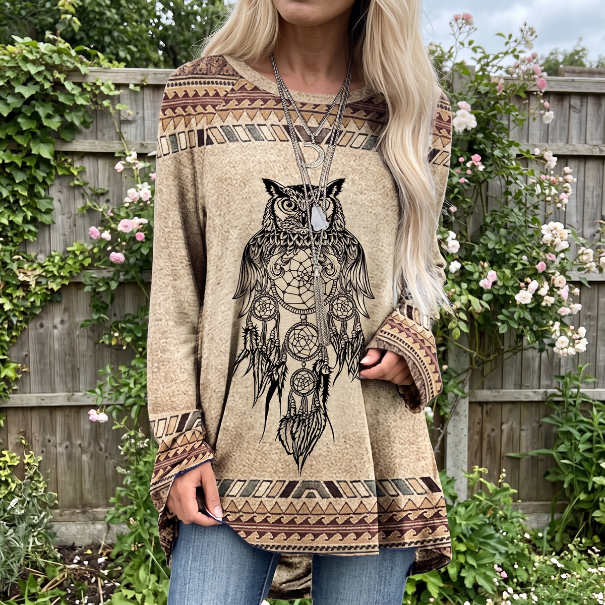 Aztec Print Feather Graphic Round Neck Long Sleeve Tunic Top 3