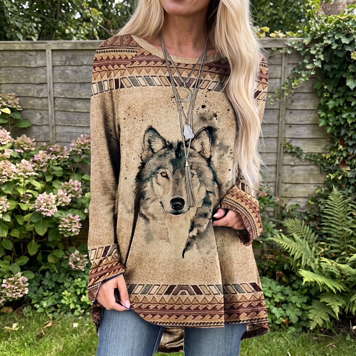 Aztec Print Feather Graphic Round Neck Long Sleeve Tunic Top 6