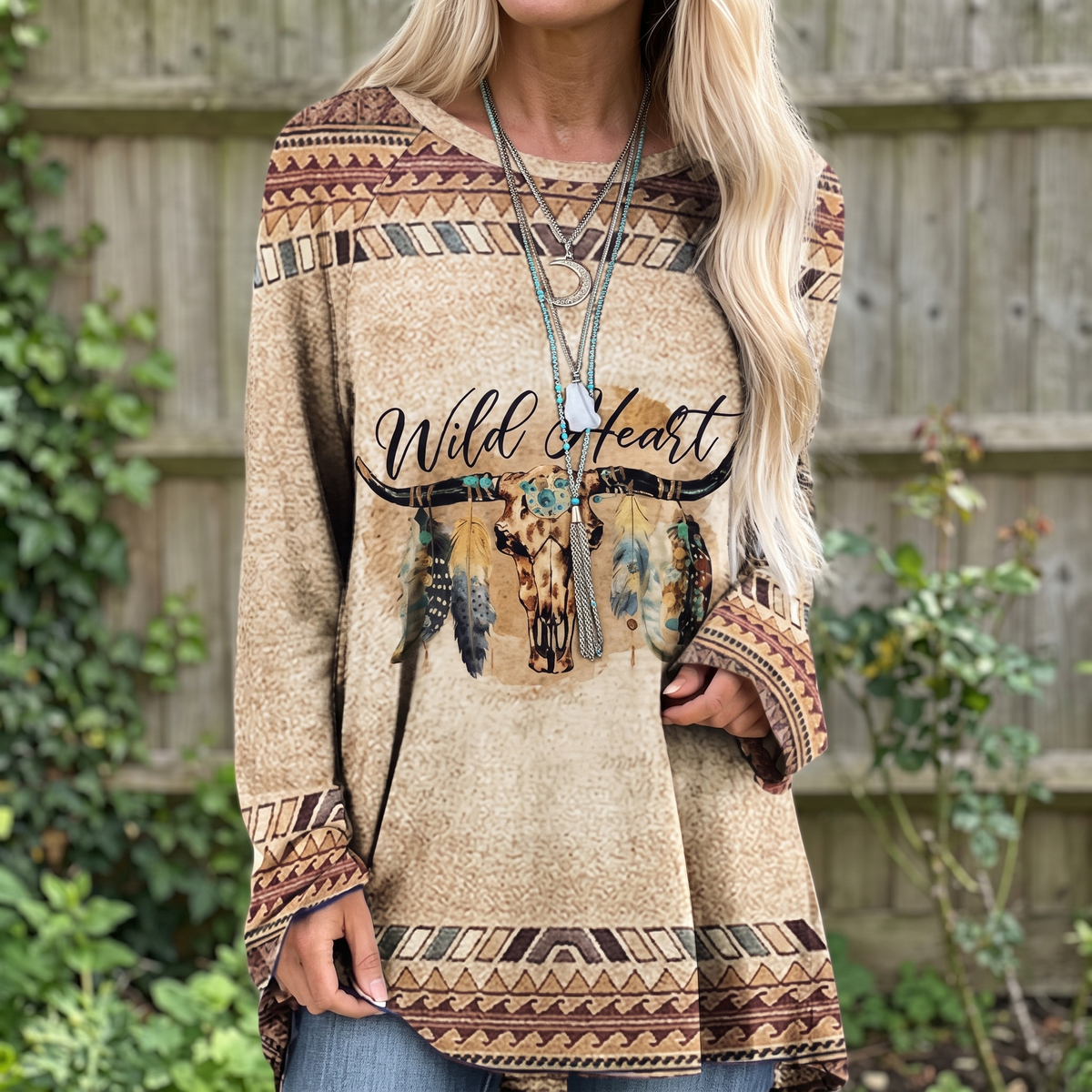 Aztec Print Feather Graphic Round Neck Long Sleeve Tunic Top 9