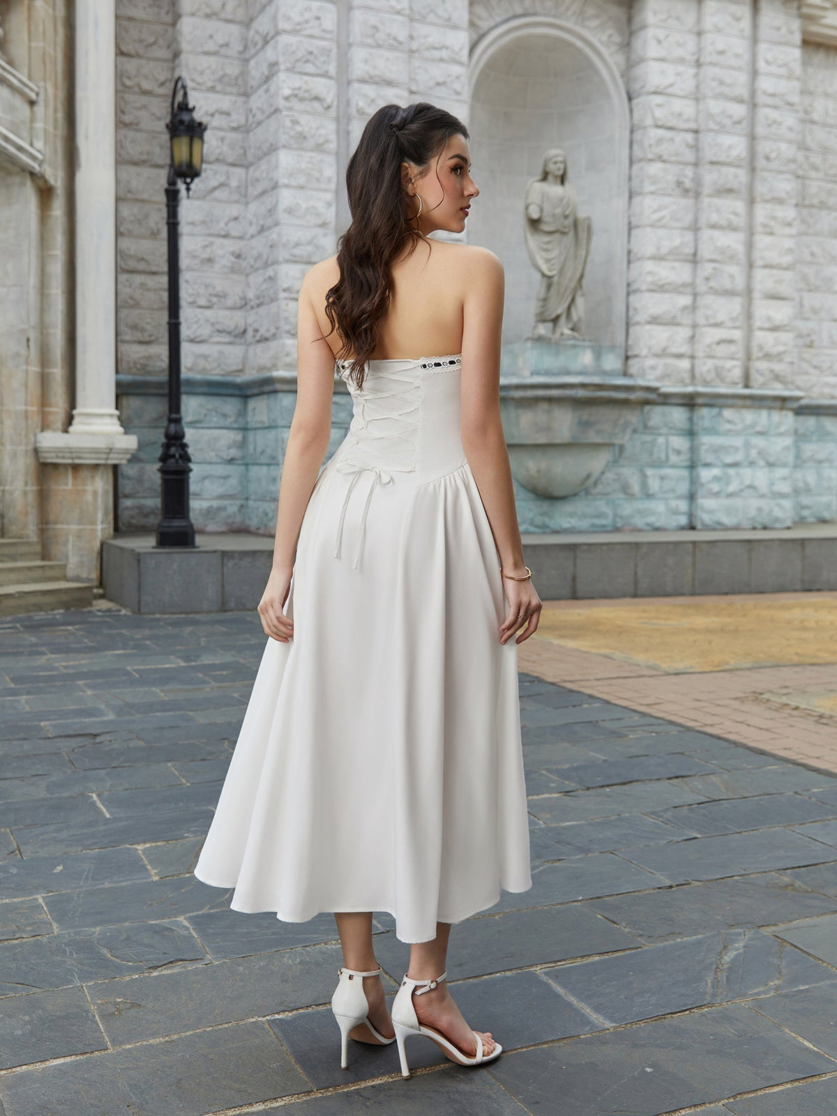 Strapless Bow Trim Contrast Basque Waist A-Line Midi Dress - View 2