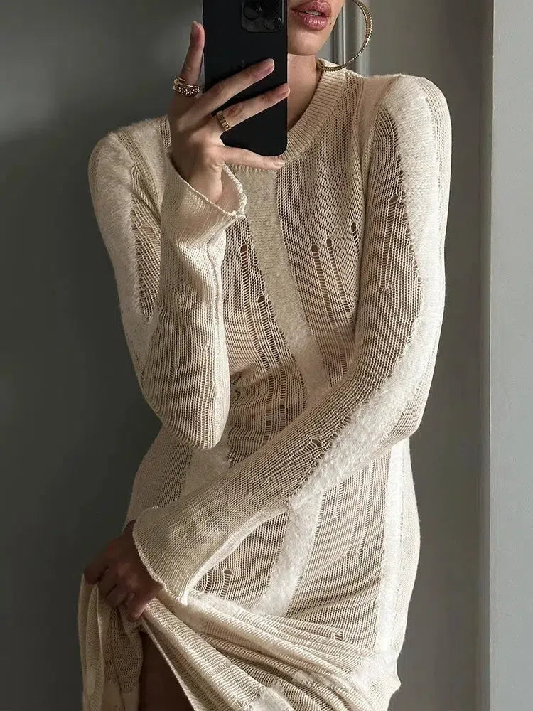 Long Sleeve Crew Neck Openwork Mixed Texture Knit Bodycon Maxi Dress