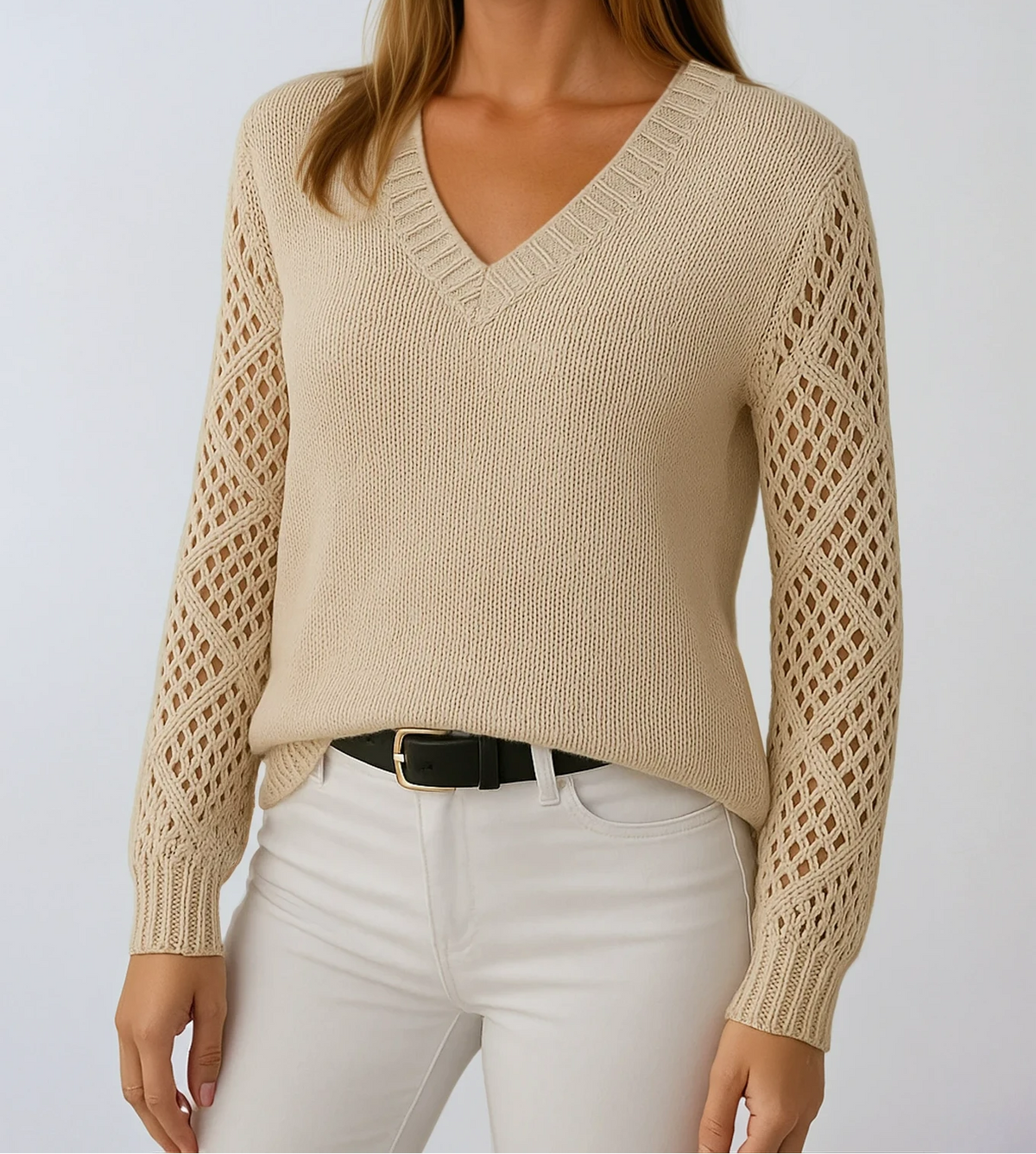 V-Neck Long Sleeve Openwork Lattice Sleeve Knit Sweater