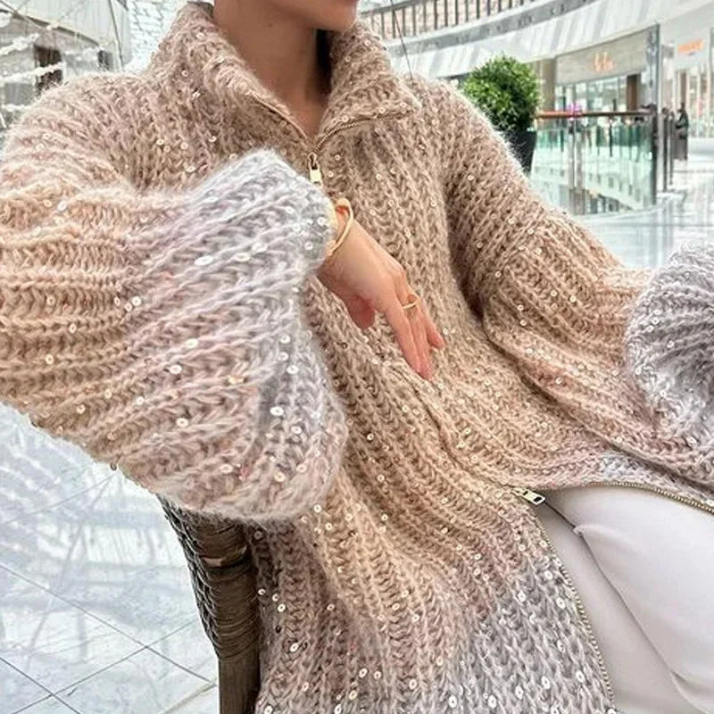 Customizable Sequin Wool Cardigan Khaki / S Cardigan-241208