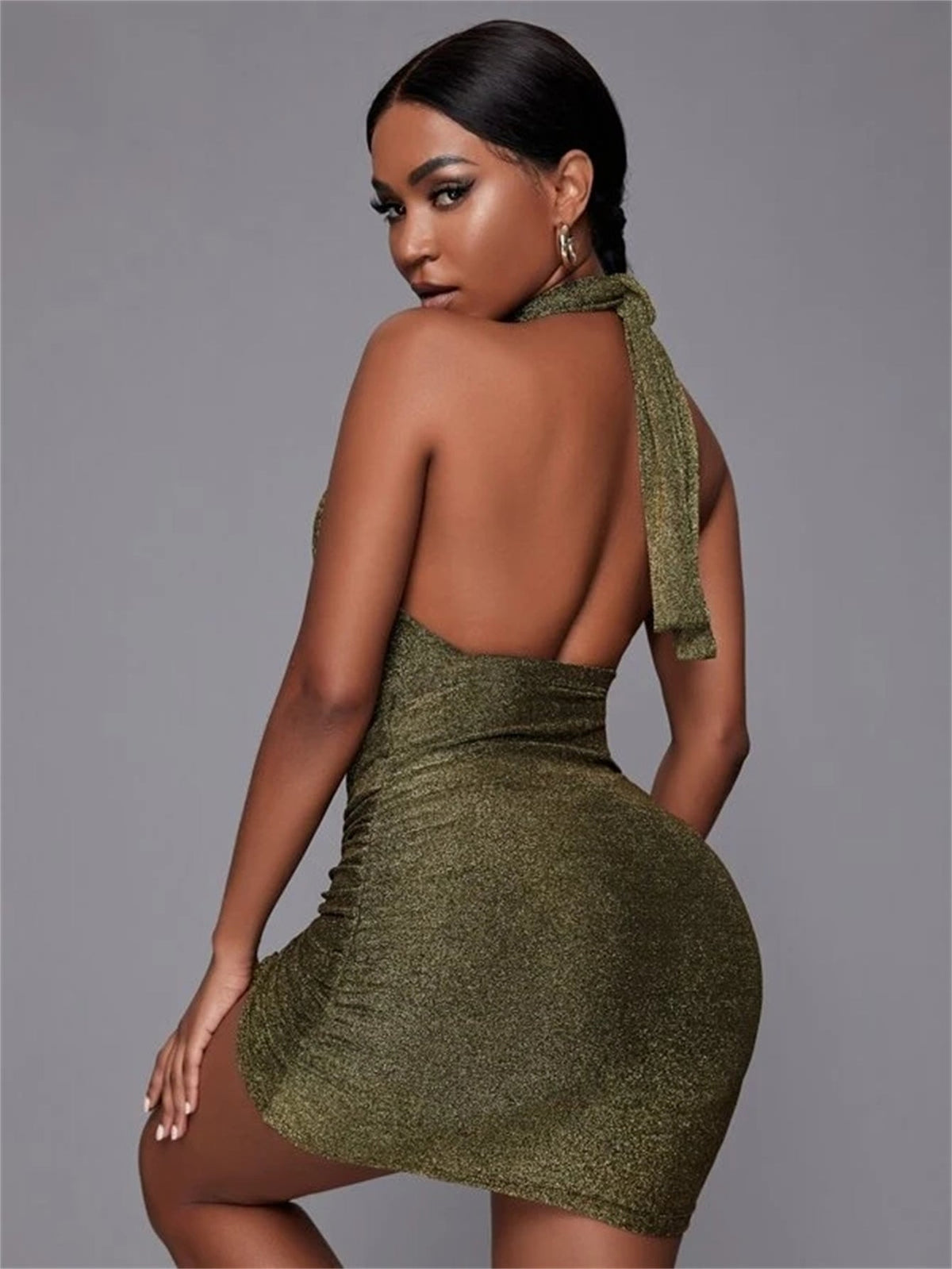 Glitter Halter Neck Cut Out Ruched Bodycon Mini Dress - View 3